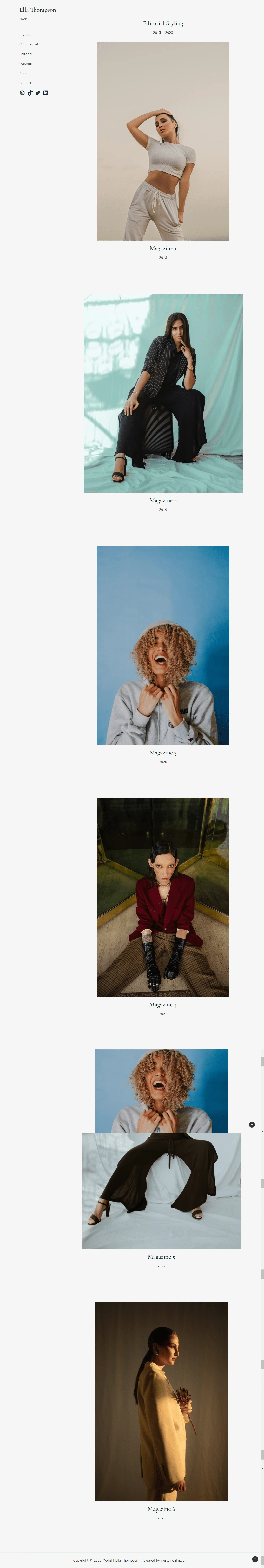 Model portfolio website design styling commercial editorial pages with images