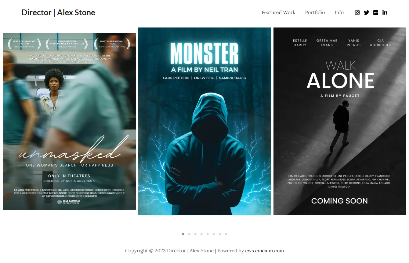 Director website homepage with movie posters