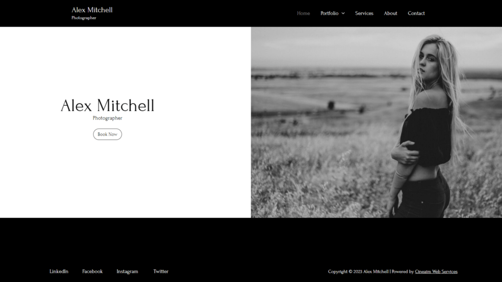 Photographer demo site with a model in frame and booking option