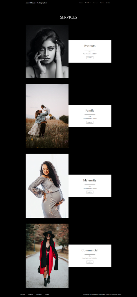 different services of photographer with starting price and booking option